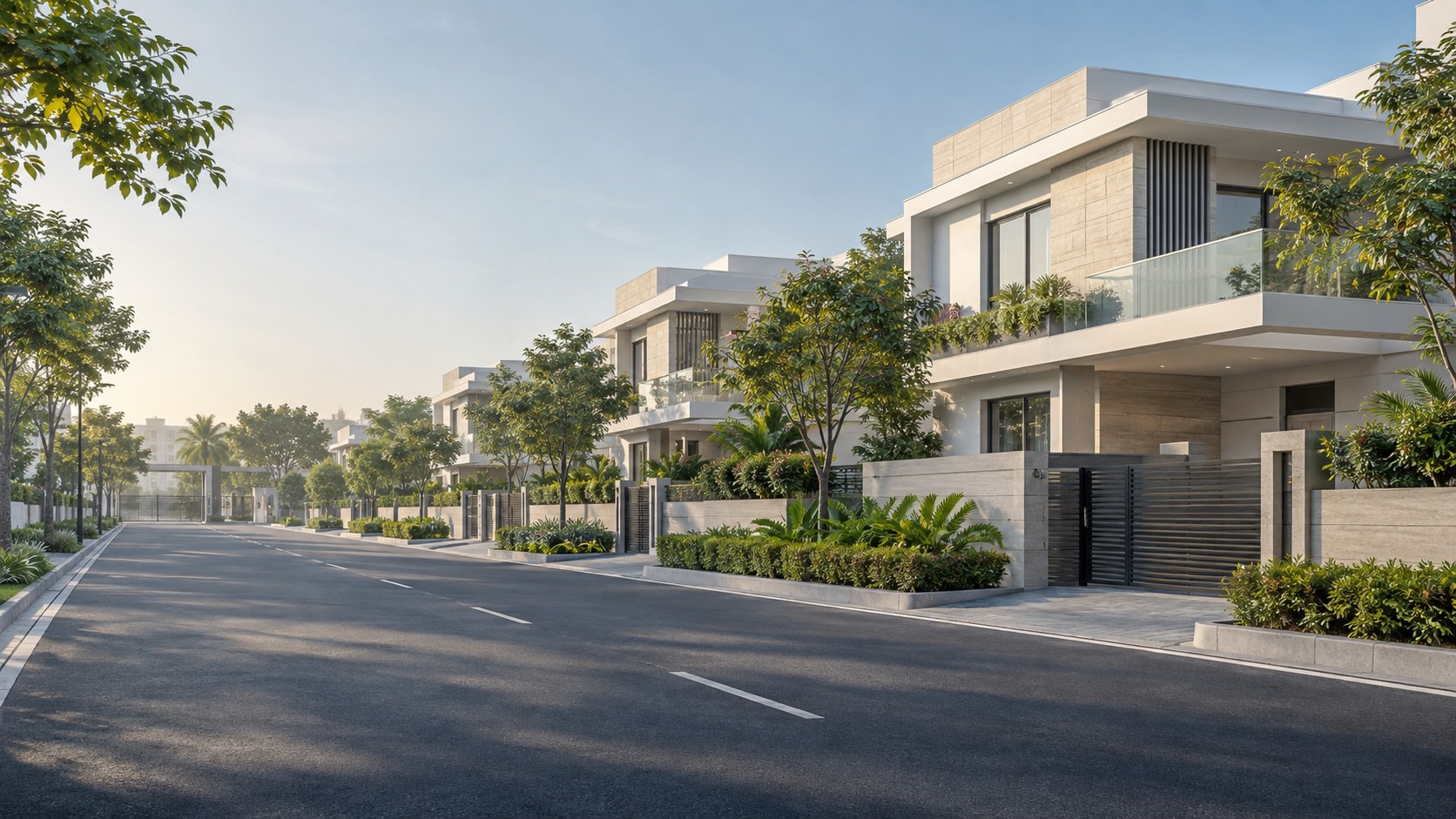 AI-generated illustration of modern Indian concrete homes along a landscaped residential road