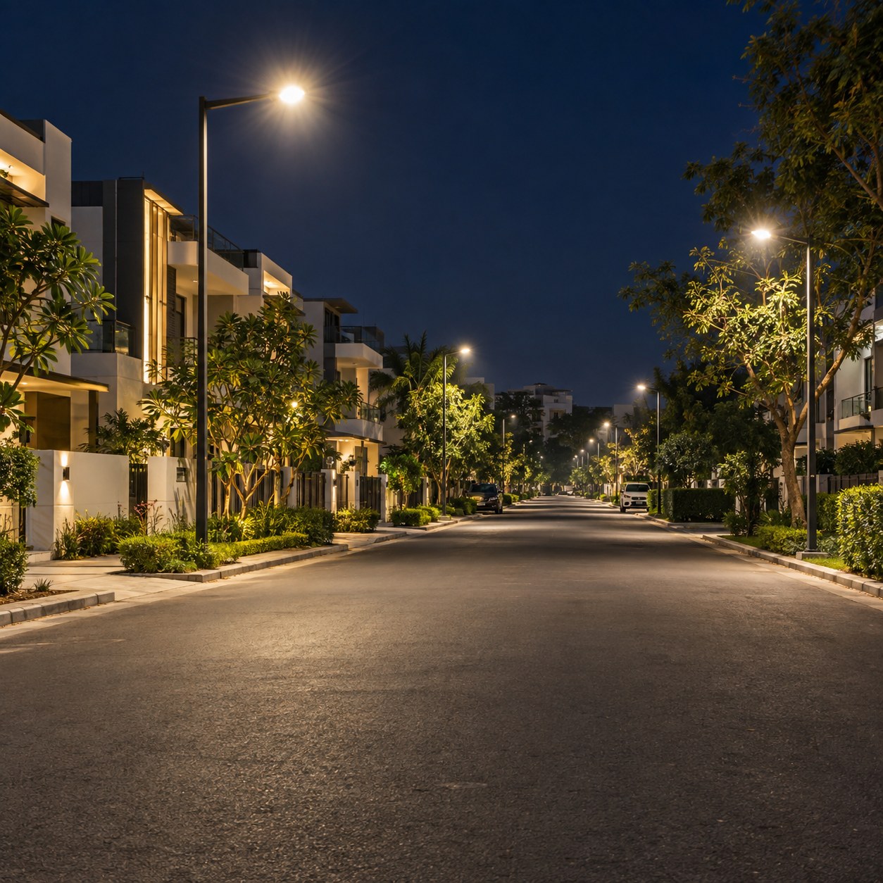 Illustrative night-time residential street illuminated by streetlights