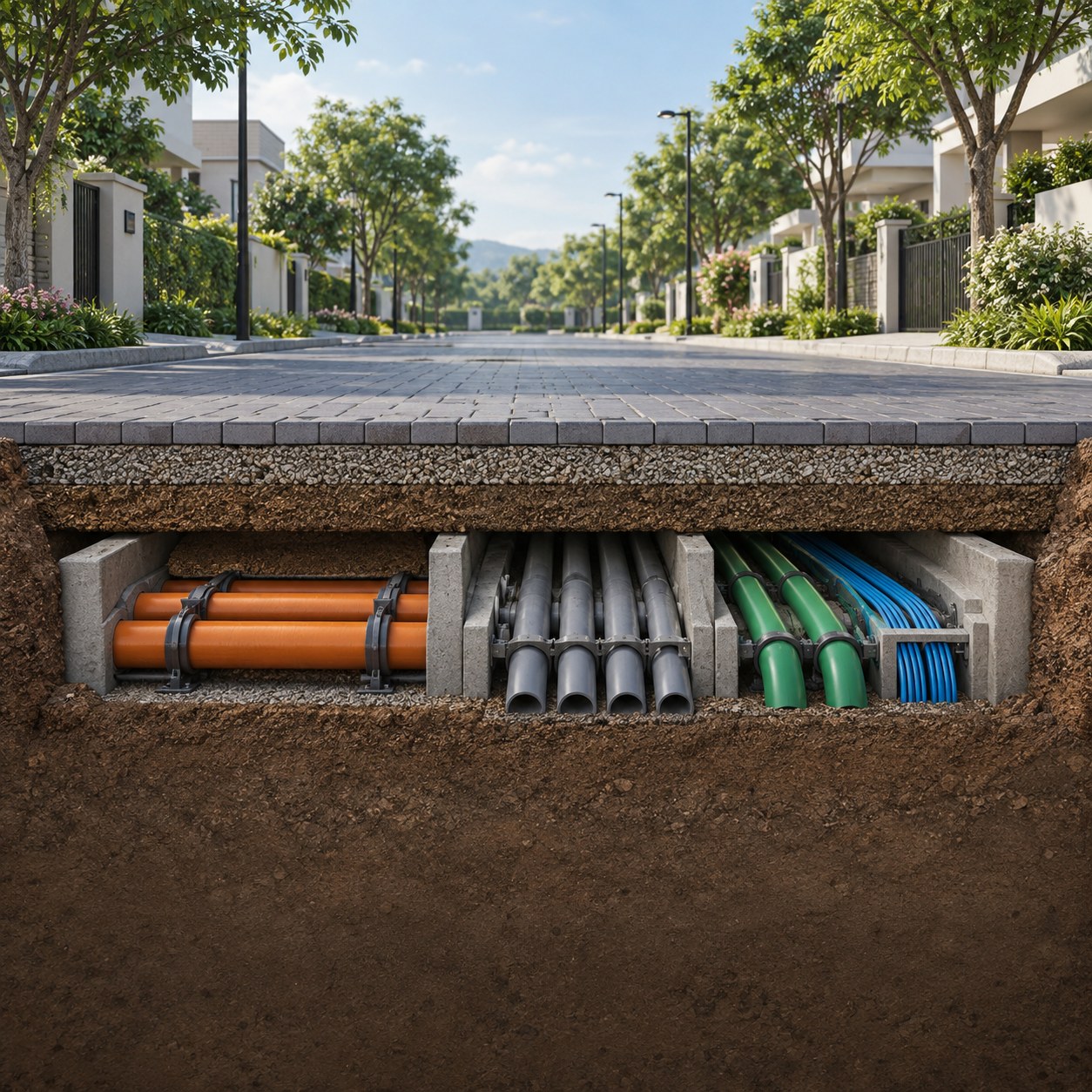 AI-generated cutaway illustration of organised underground conduits beneath a residential street