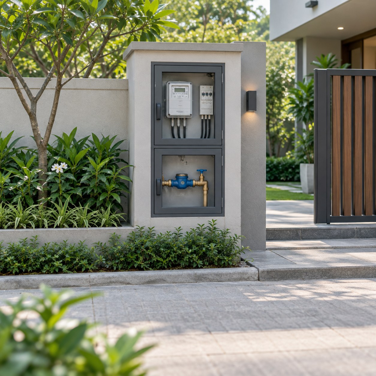 AI-generated illustration of an orderly utility connection cabinet at a home entrance